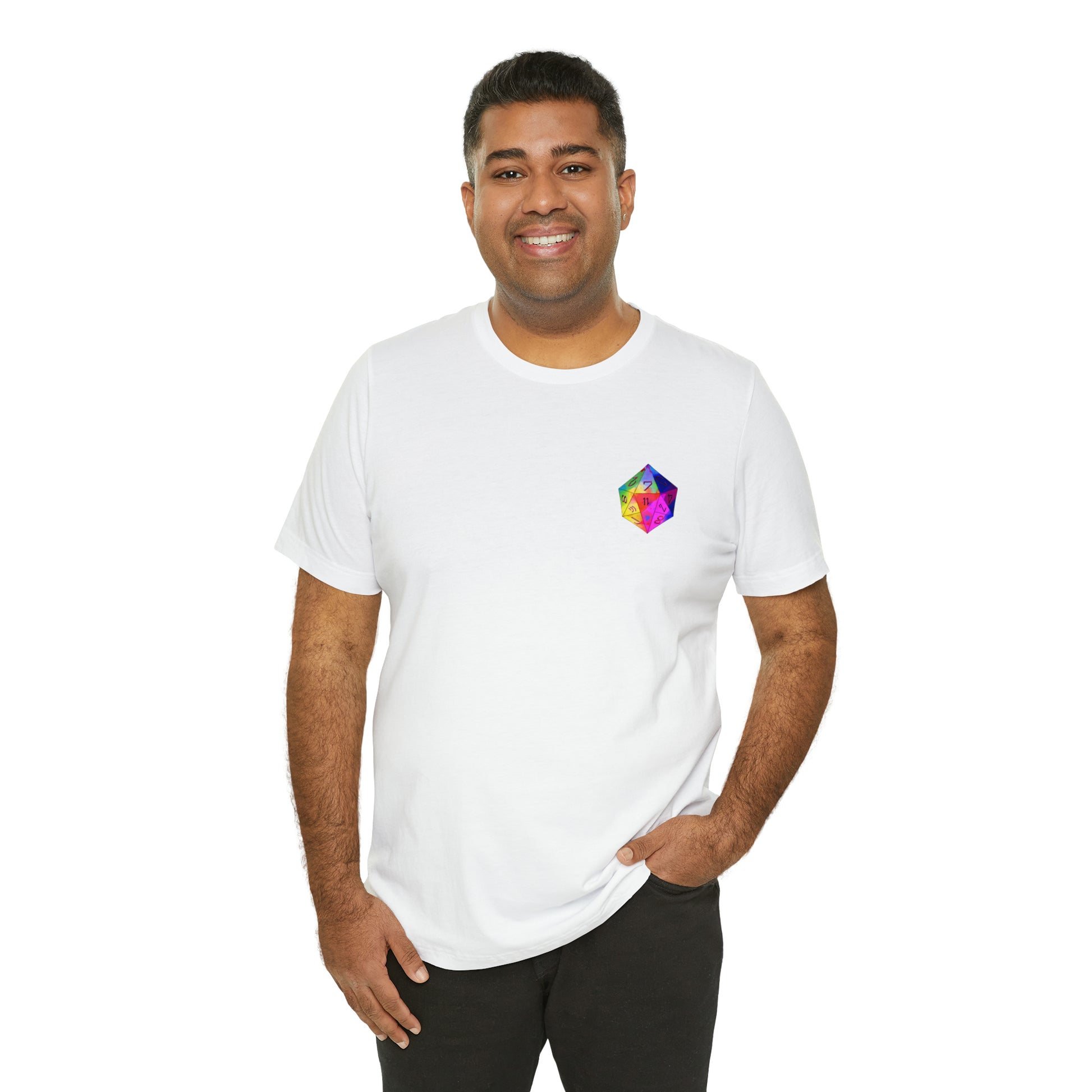 white-quest-thread-tee-shirt-with-small-rainbow-dice-on-left-chest