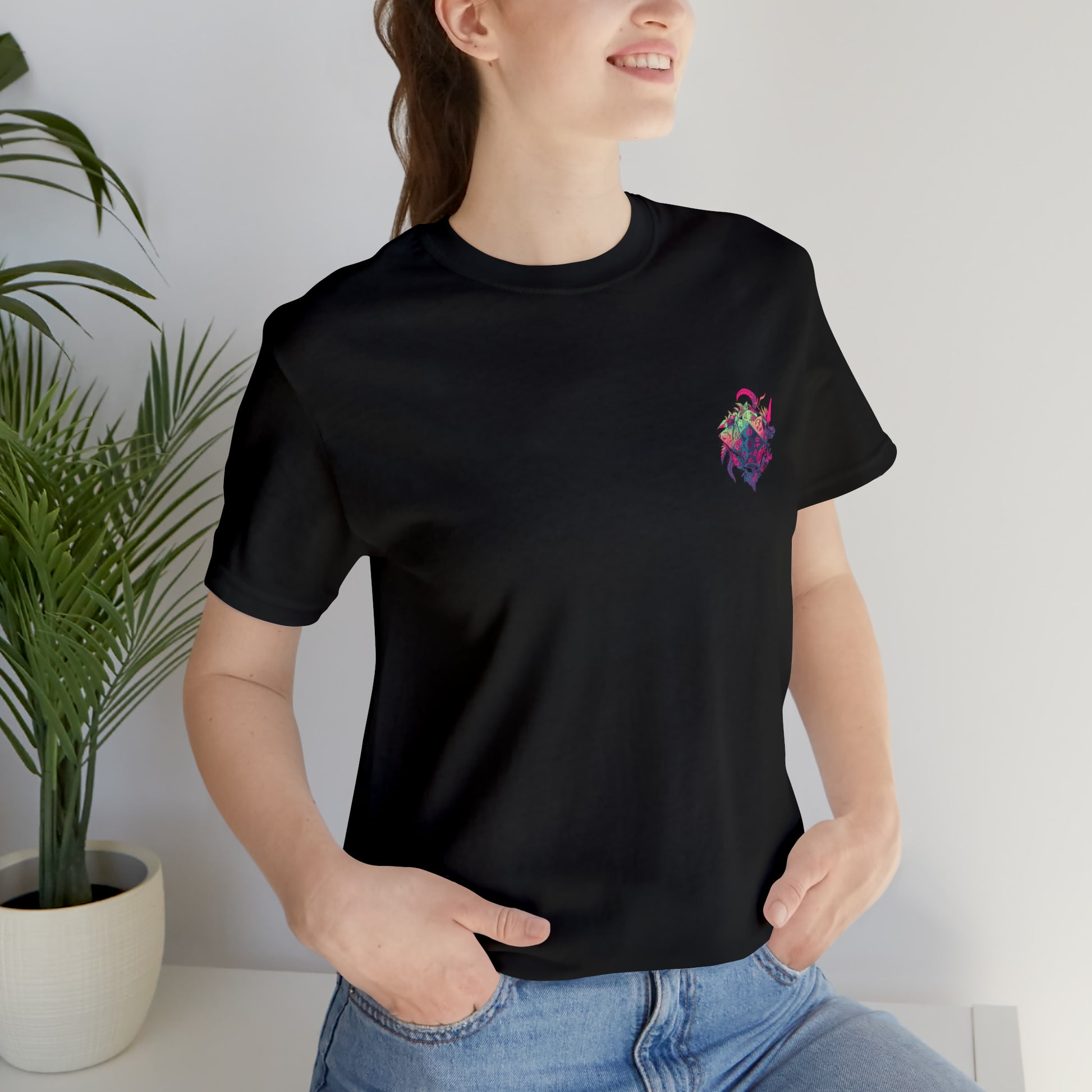 black-quest-thread-tee-shirt-with-small-colorful-dice-in-pink-jungle-on-chest