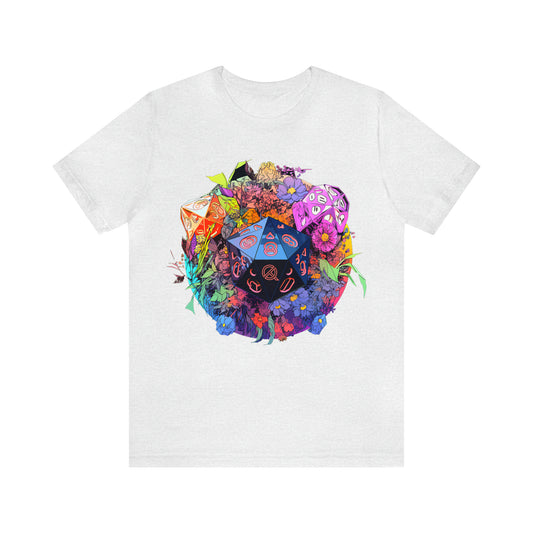 ash-quest-thread-tee-shirt-with-large-colorful-dice-in-flower-nest