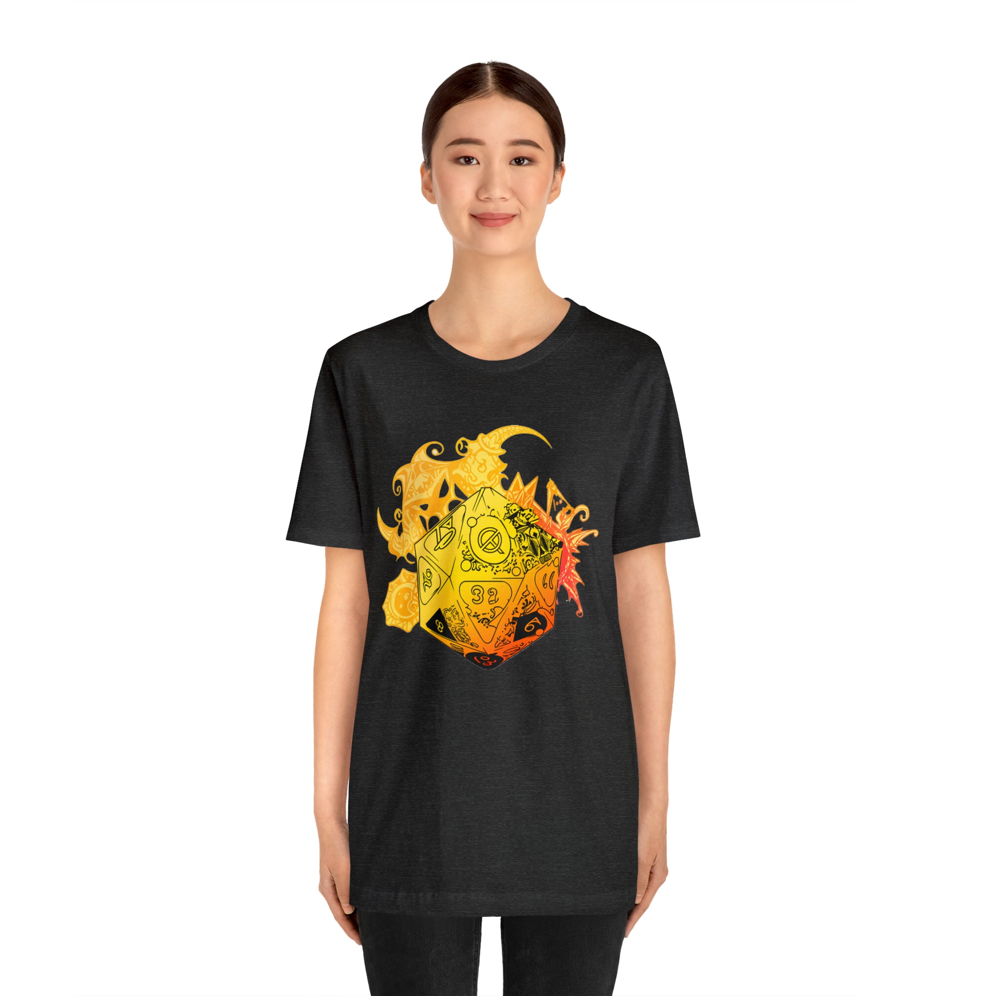 dark-grey-heather-quest-thread-tee-shirt-with-large-yellow-dragon-dice-on-center-of-shirt
