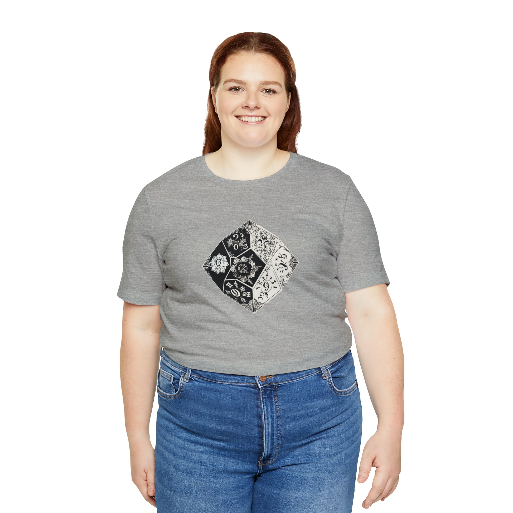 athletic-heather-quest-thread-tee-shirt-with-large-black-and-white-artistic-dice-on-center