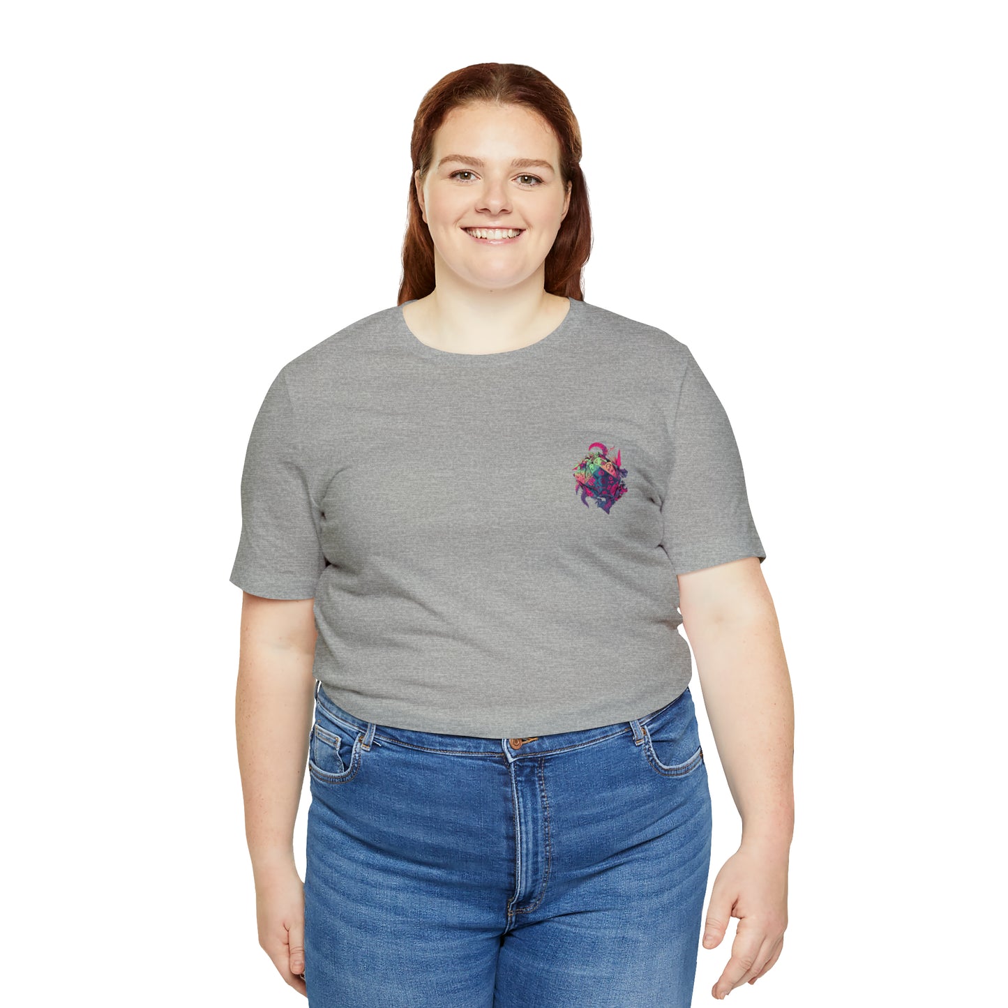 athletic-heather-quest-thread-tee-shirt-with-small-colorful-dice-in-pink-jungle-on-chest