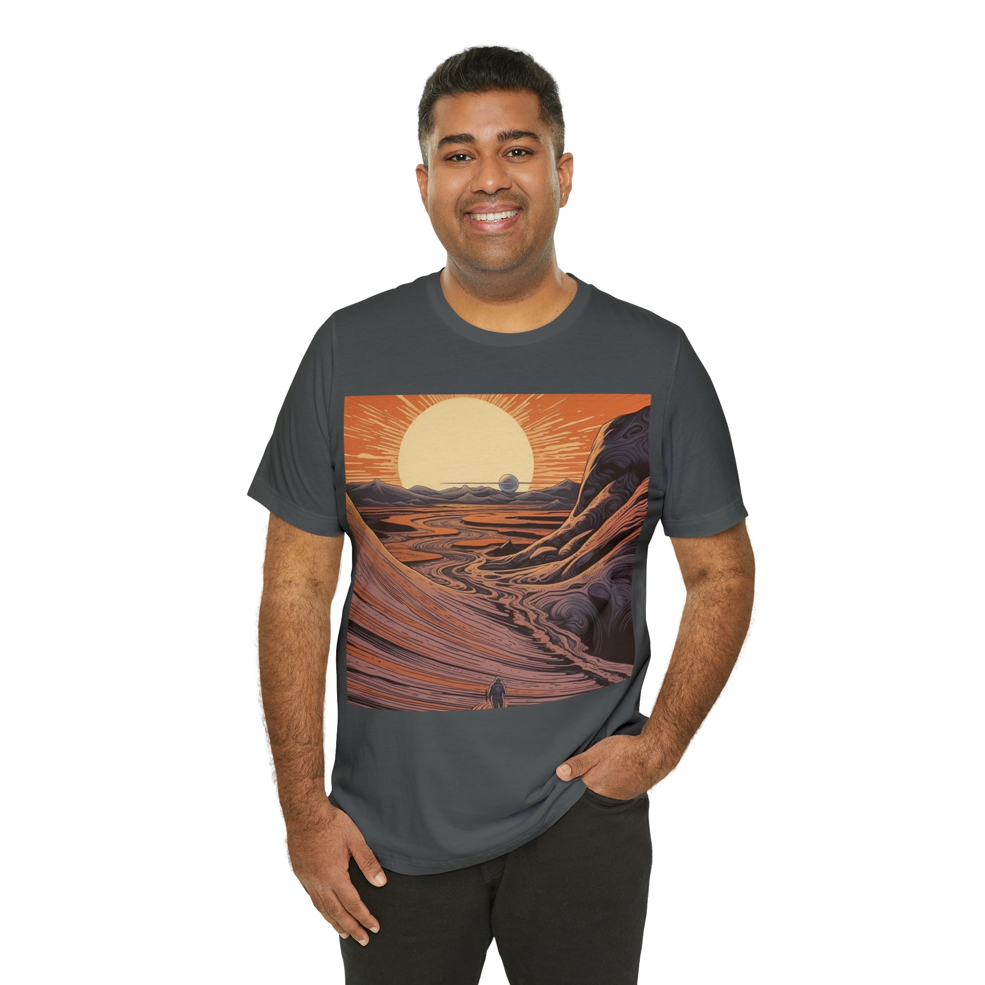 asphalt-quest-thread-tee-shirt-with-large-sunrise-over-dunes-on-center-of-shirt