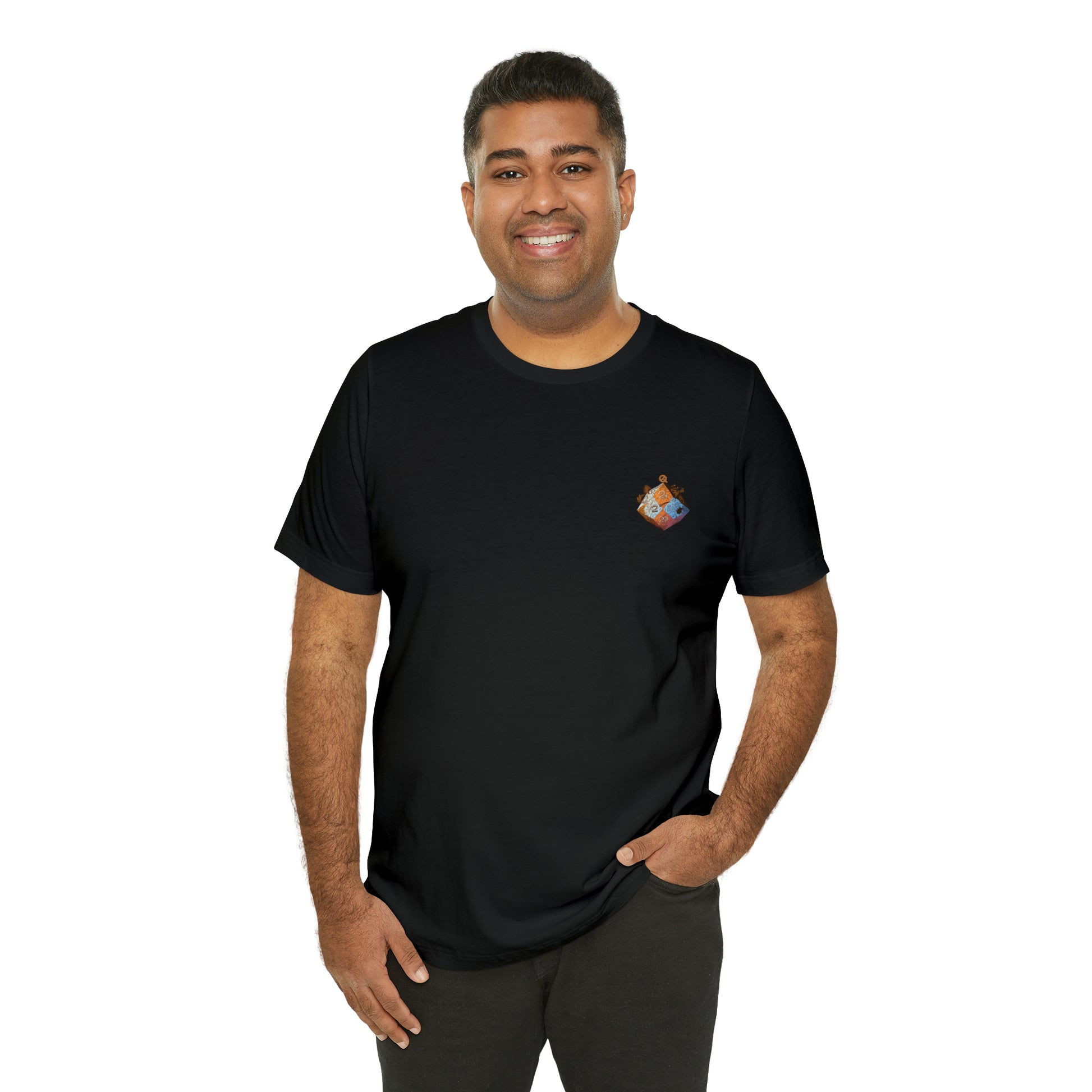 black-quest-thread-tee-shirt-with-small-orange-blue-d20-dice-on-left-chest-of-shirt