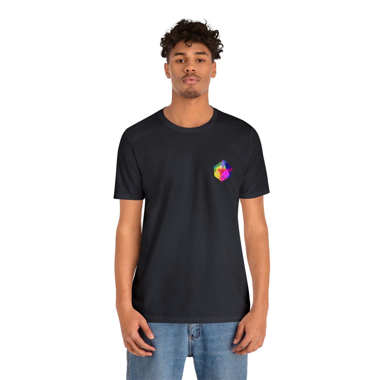 dark-grey-quest-thread-tee-shirt-with-small-rainbow-dice-on-left-chest