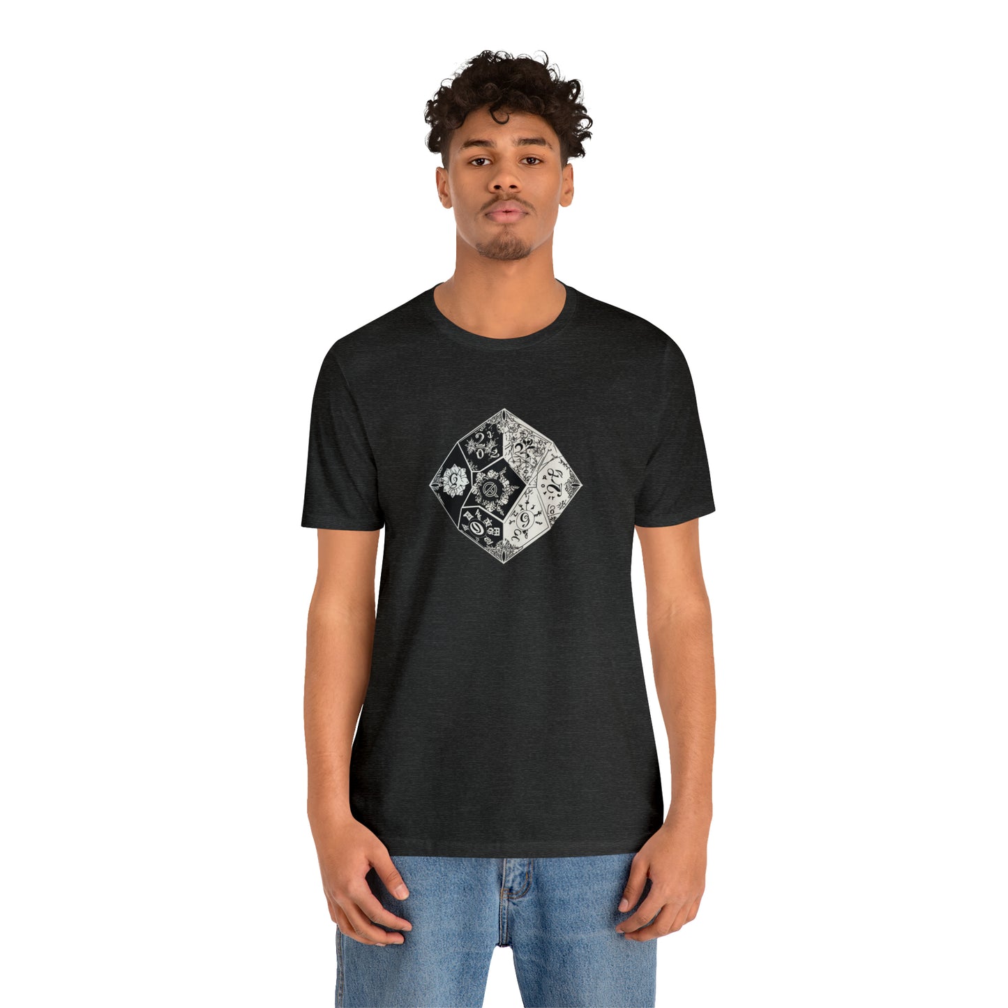 dark-grey-heather-quest-thread-tee-shirt-with-large-black-and-white-artistic-dice-on-center