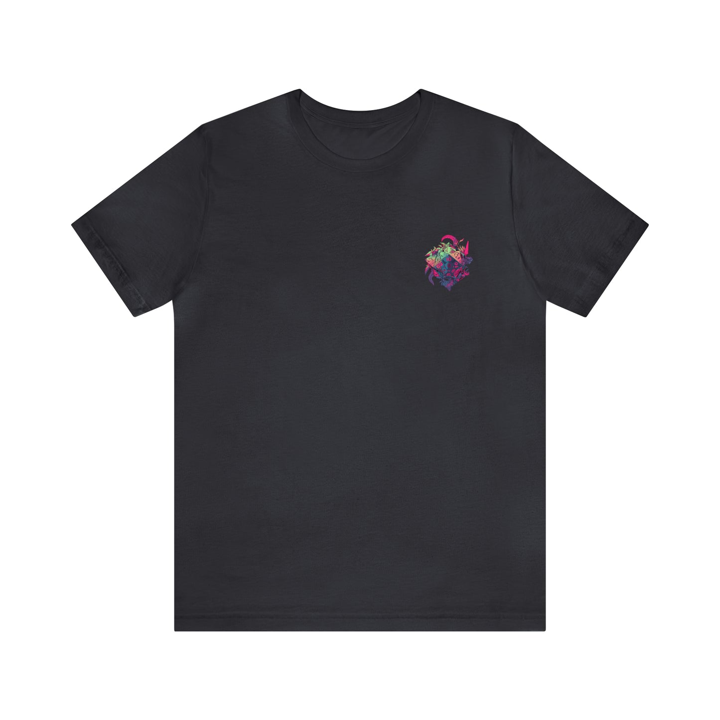 dark-grey-quest-thread-tee-shirt-with-small-colorful-dice-in-pink-jungle-on-chest