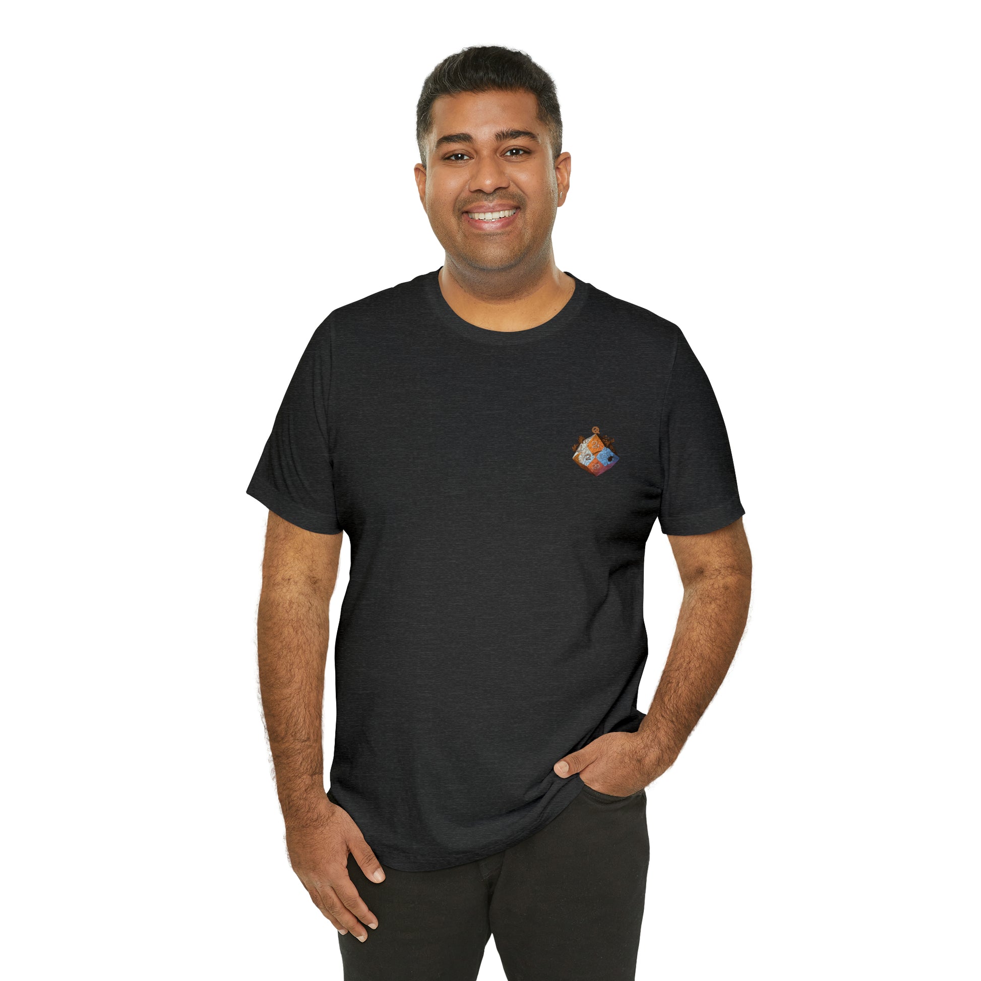 dark-grey-heather-quest-thread-tee-shirt-with-small-orange-blue-d20-dice-on-left-chest-of-shirt