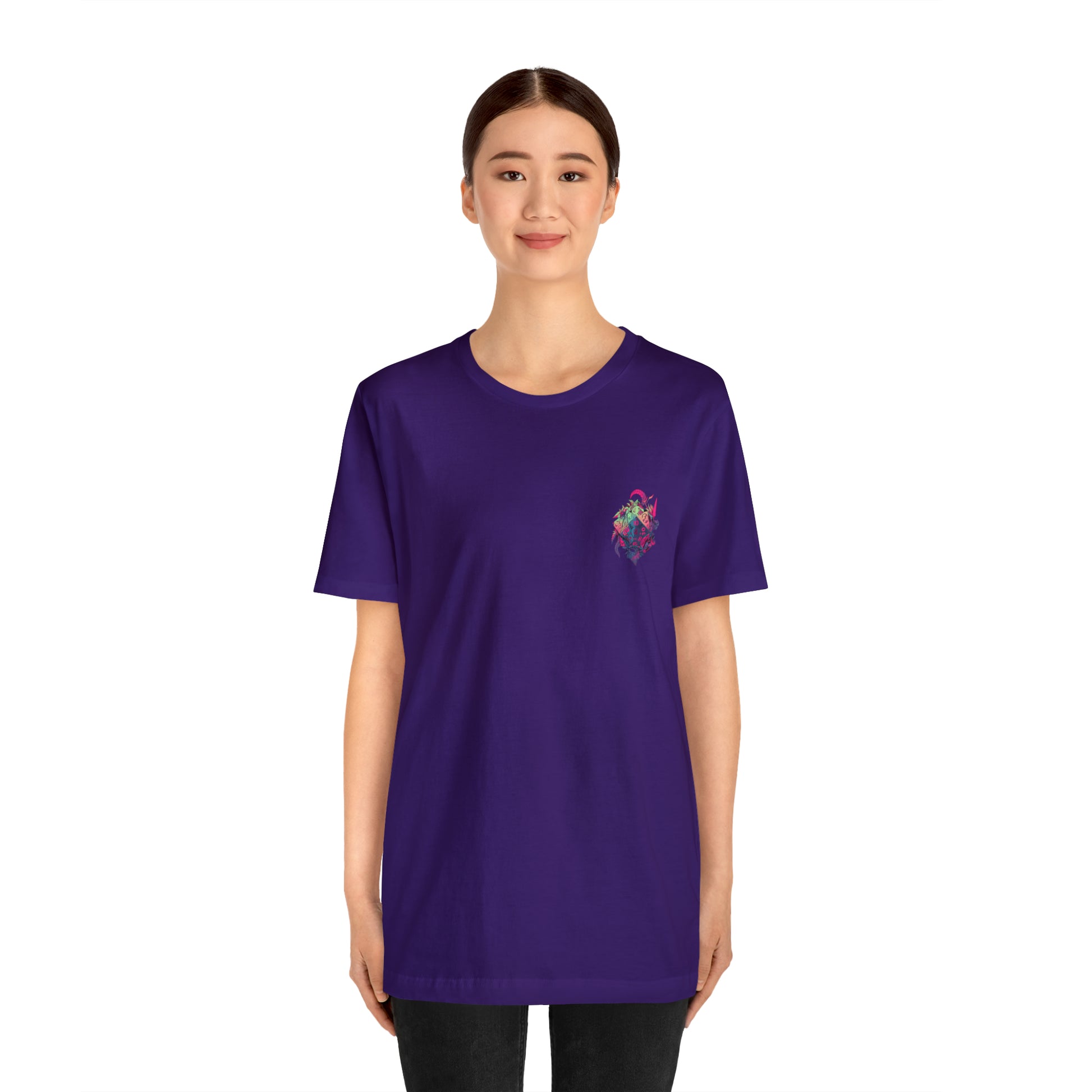 team-purple-quest-thread-tee-shirt-with-small-colorful-dice-in-pink-jungle-on-chest