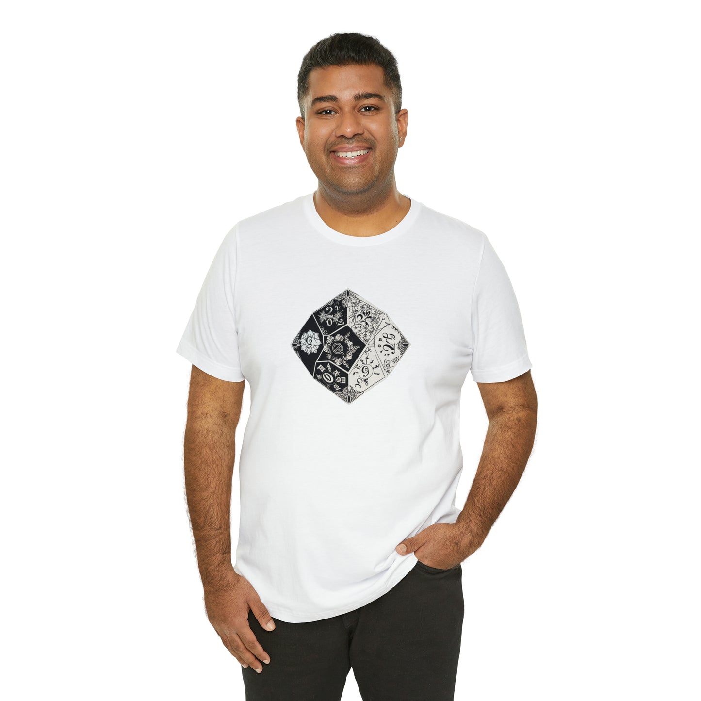 white-quest-thread-tee-shirt-with-large-black-and-white-artistic-dice-on-center