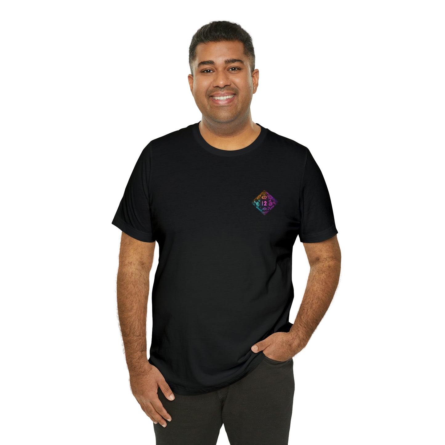 black-quest-thread-tee-shirt-with-small-neon-diamond-dice-on-left-chest
