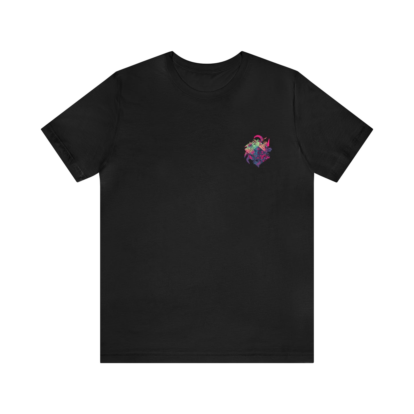black-quest-thread-tee-shirt-with-small-colorful-dice-in-pink-jungle-on-chest