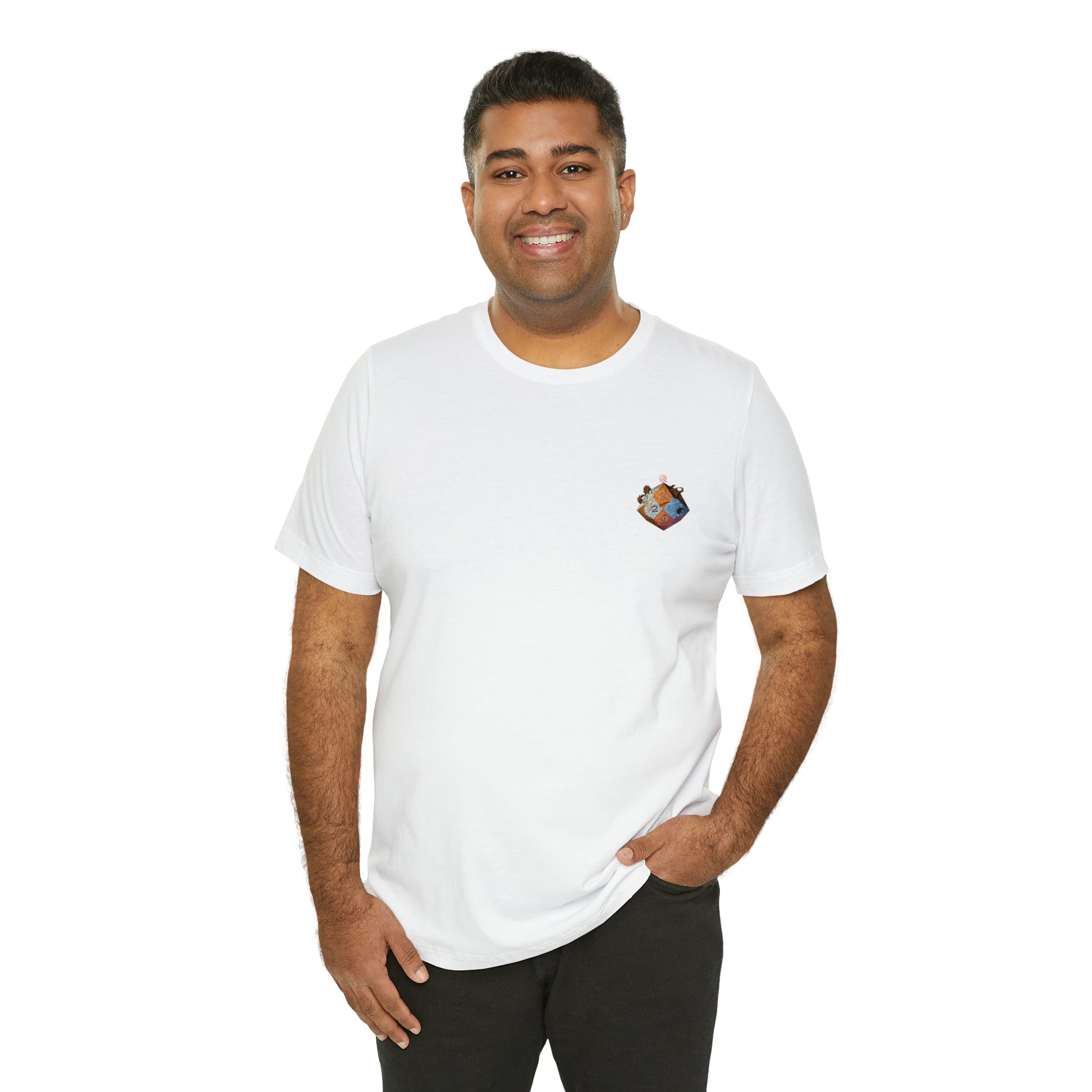 white-quest-thread-tee-shirt-with-small-orange-blue-d20-dice-on-left-chest-of-shirt