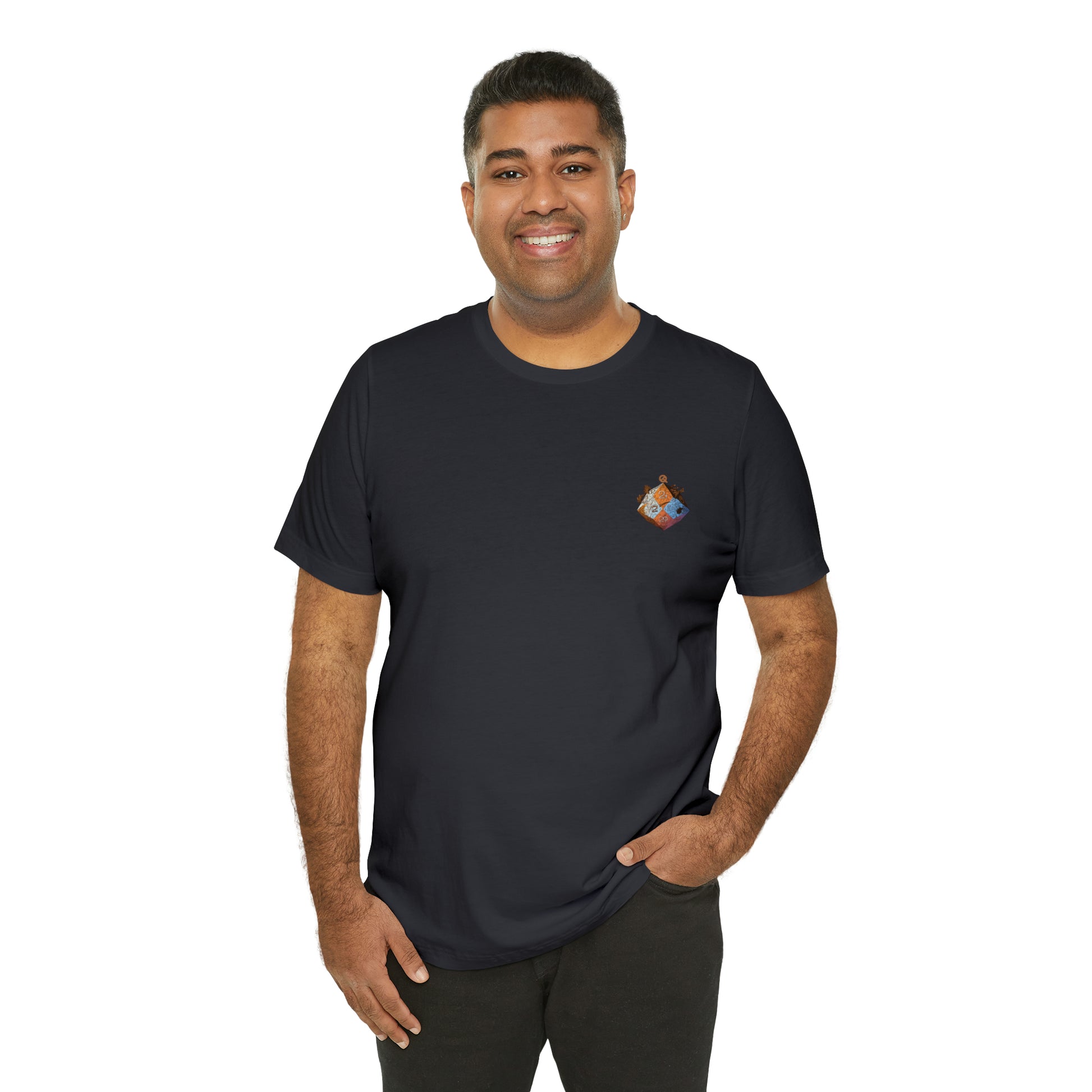 dark-grey-quest-thread-tee-shirt-with-small-orange-blue-d20-dice-on-left-chest-of-shirt