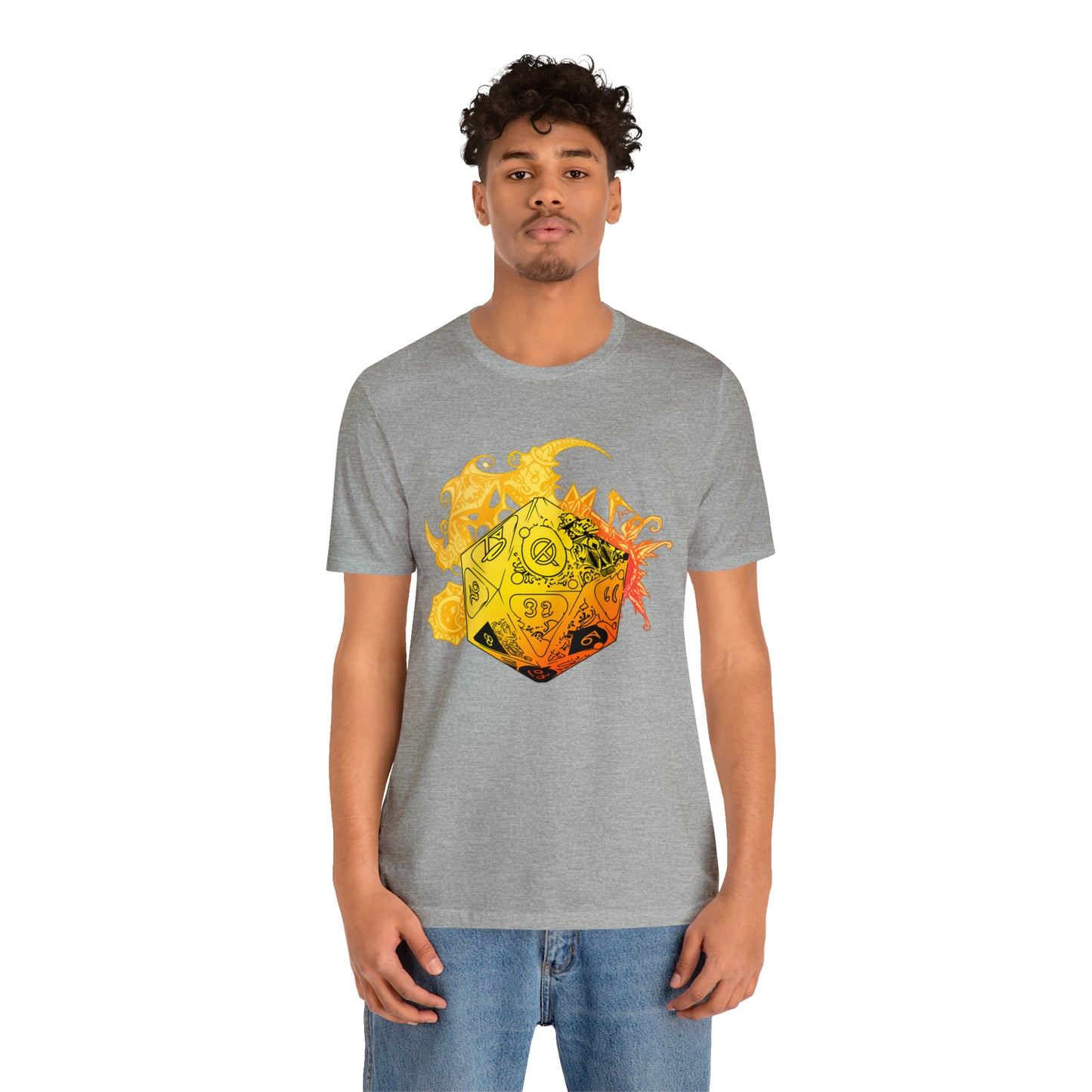 athletic-heather-quest-thread-tee-shirt-with-large-yellow-dragon-dice-on-center-of-shirt