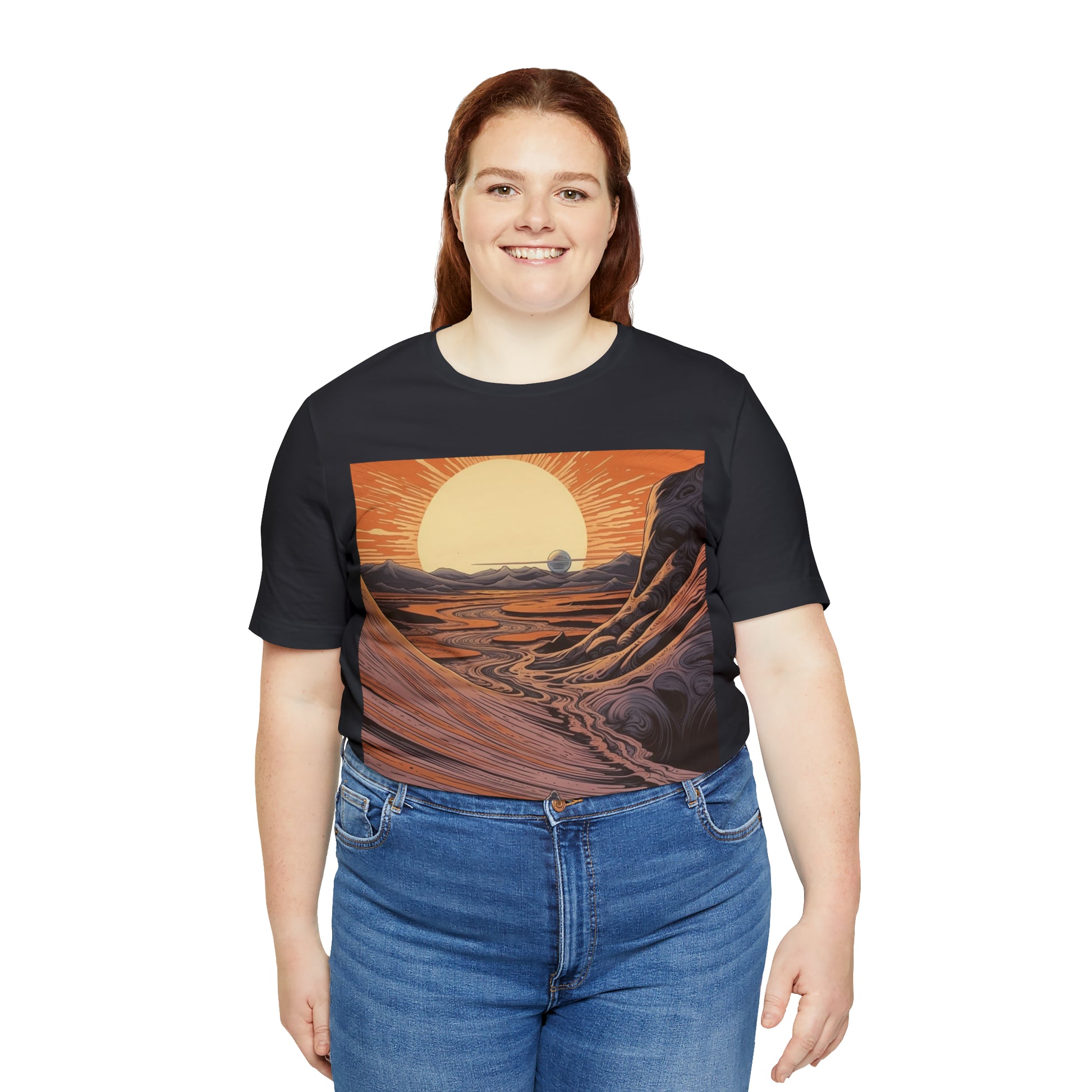 dark-grey-quest-thread-tee-shirt-with-large-sunrise-over-dunes-on-center-of-shirt