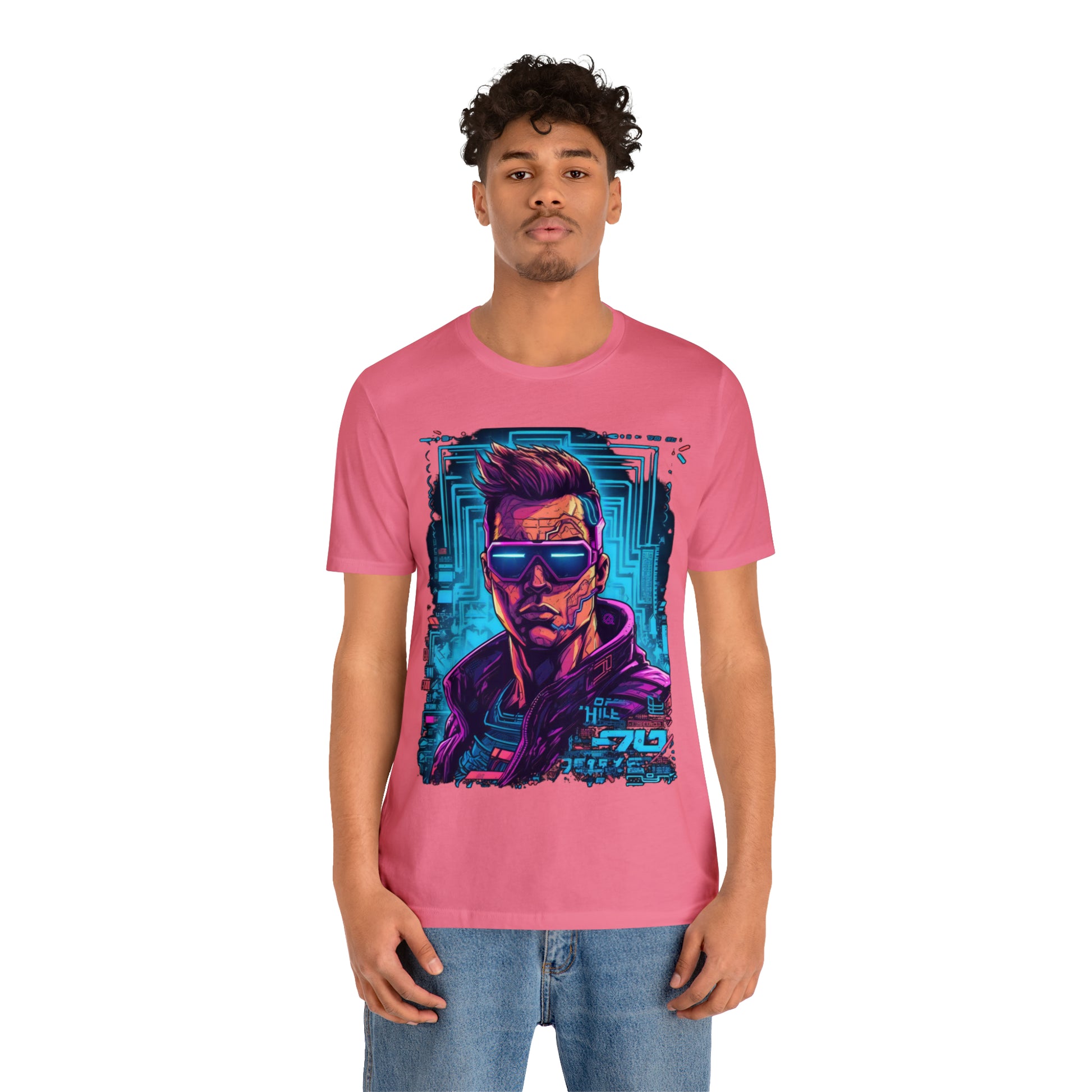 charity-pink-quest-thread-tee-shirt-with-large-neon-cyber-punk-on-center