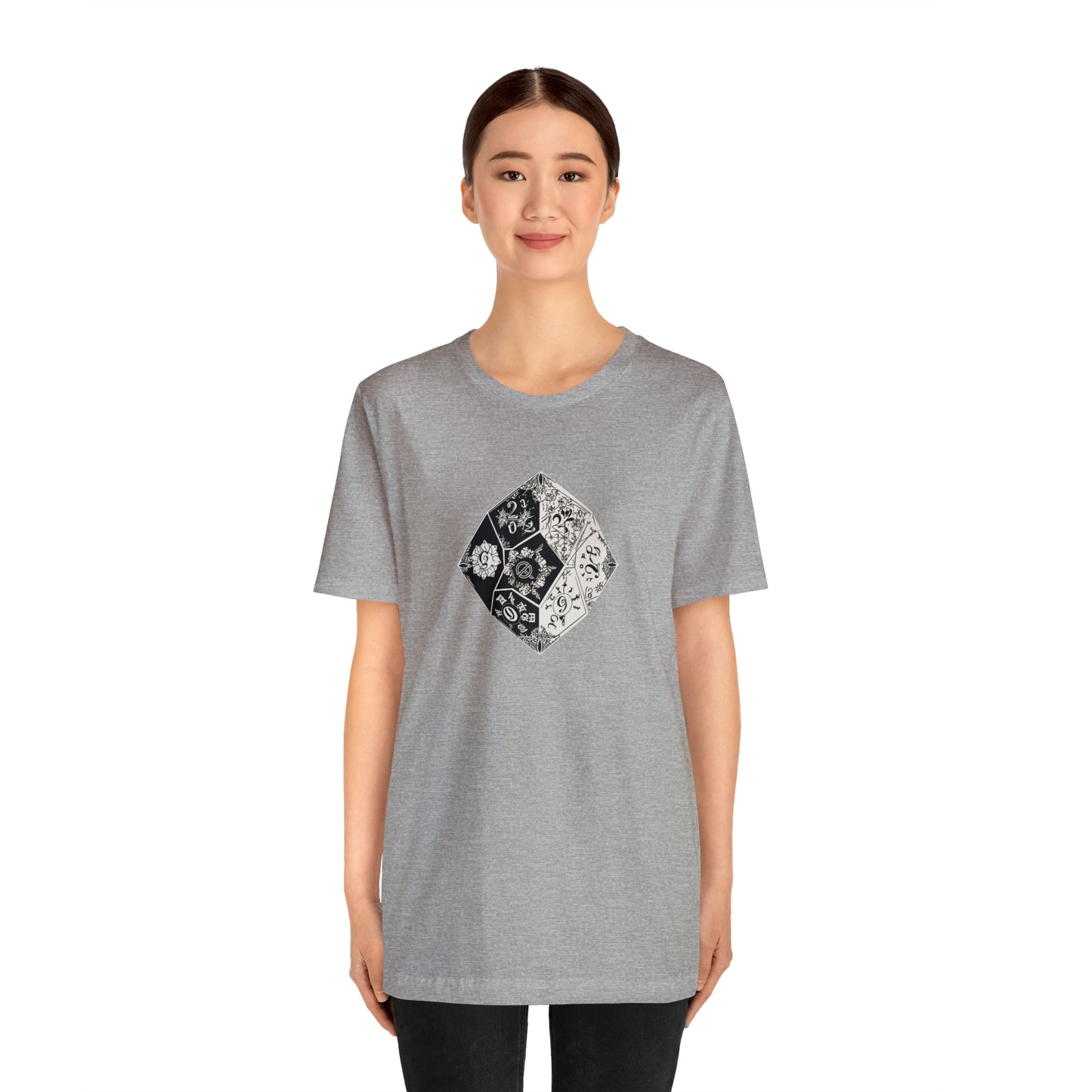 athletic-heather-quest-thread-tee-shirt-with-large-black-and-white-artistic-dice-on-center
