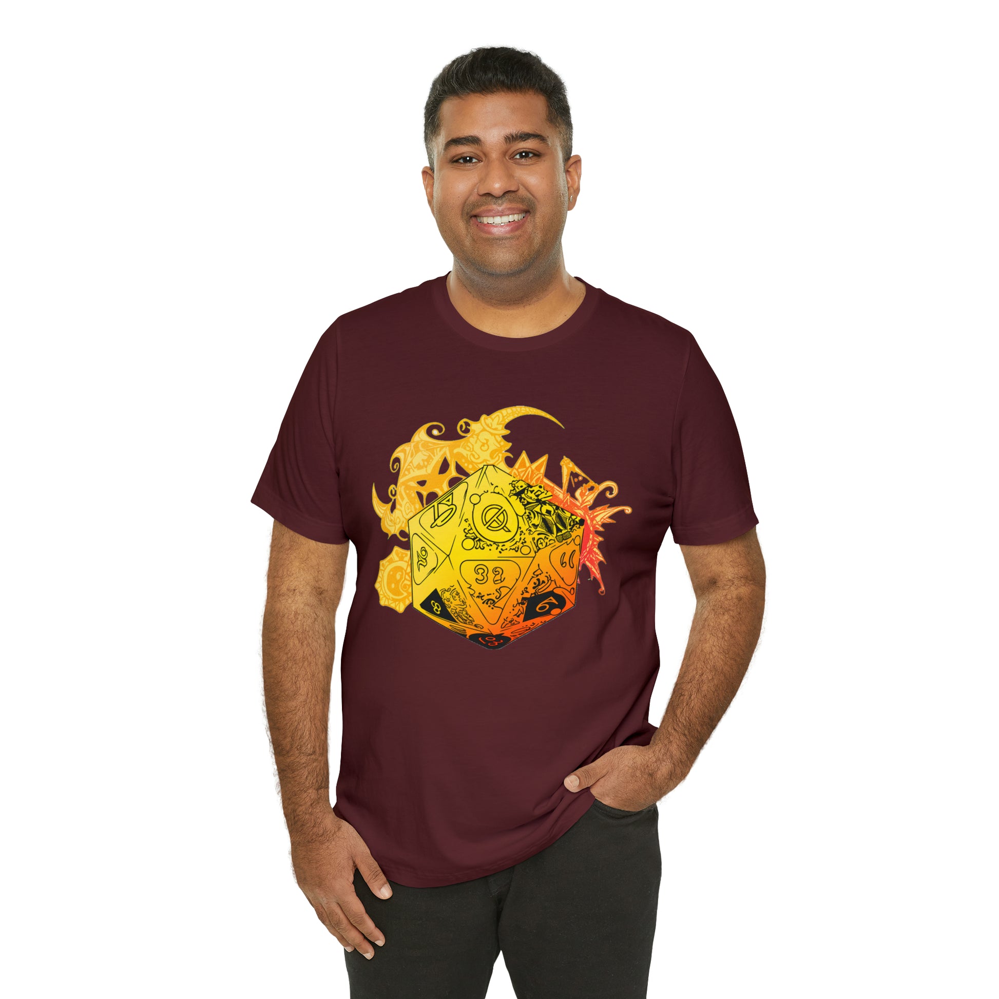maroon-quest-thread-tee-shirt-with-large-yellow-dragon-dice-on-center-of-shirt