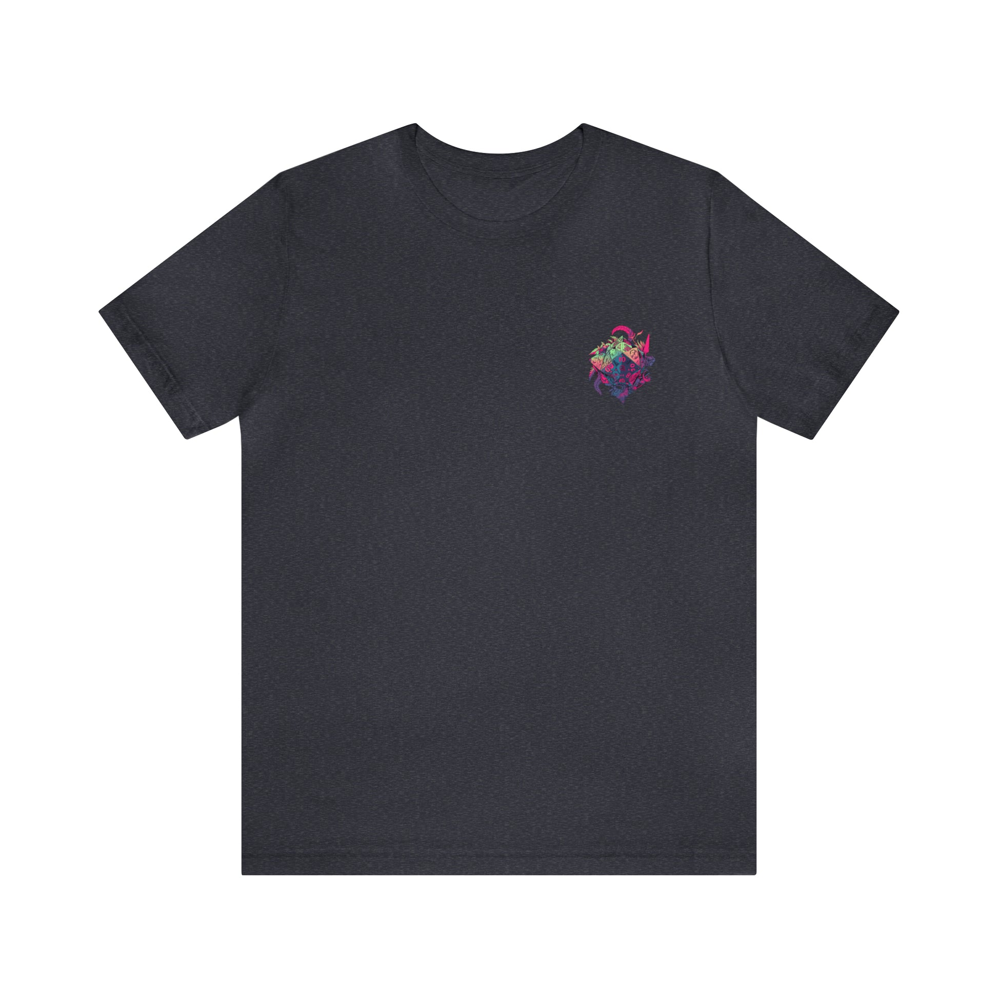 heather-navy-quest-thread-tee-shirt-with-small-colorful-dice-in-pink-jungle-on-chest