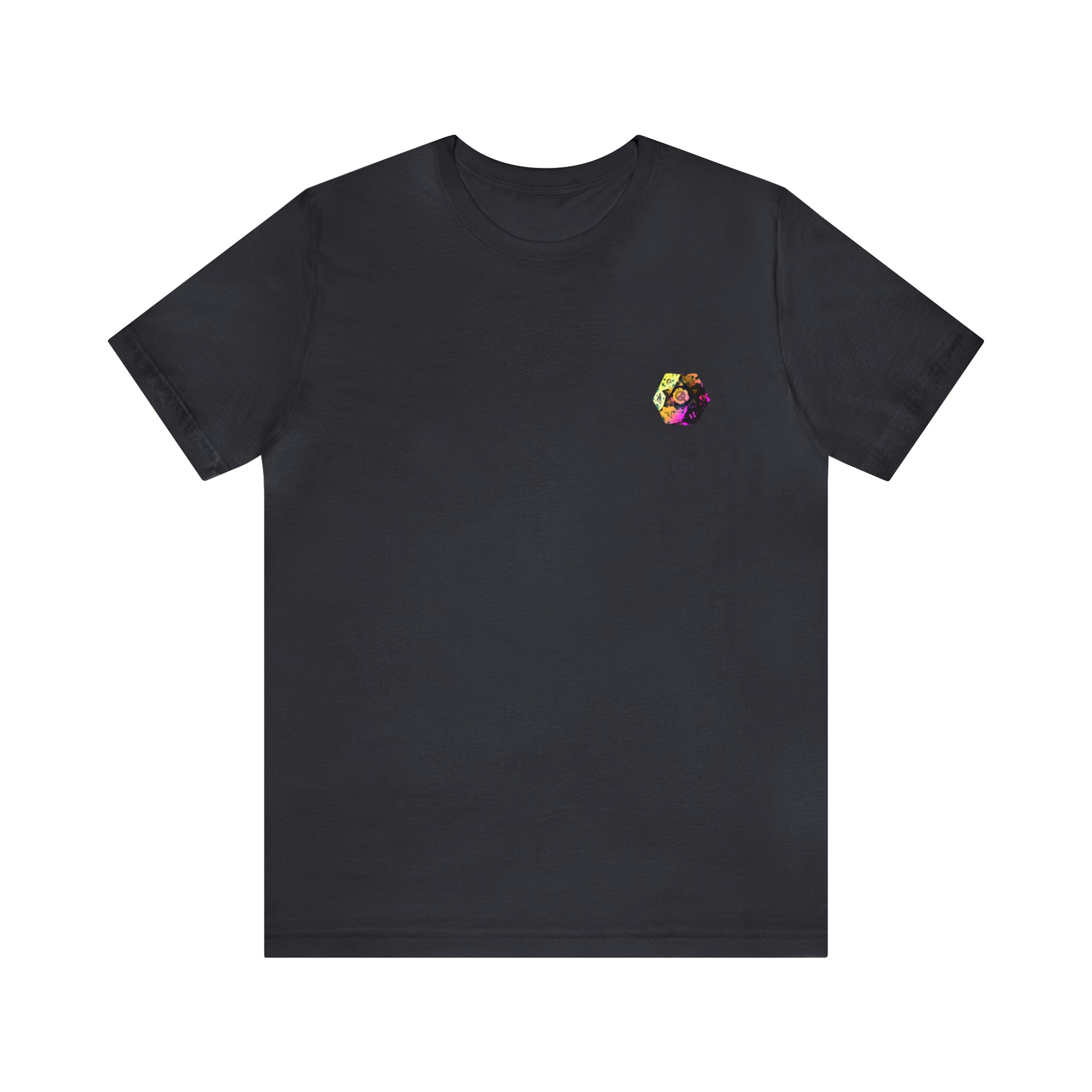 dark-grey-quest-thread-tee-shirt-with-small-neon-splatter-d20-dice-on-left-chest